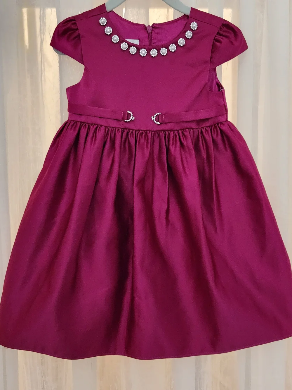 Girls Fuchsia Satin Party Dress with Jewel Neckline, S2T Girl, GUC
